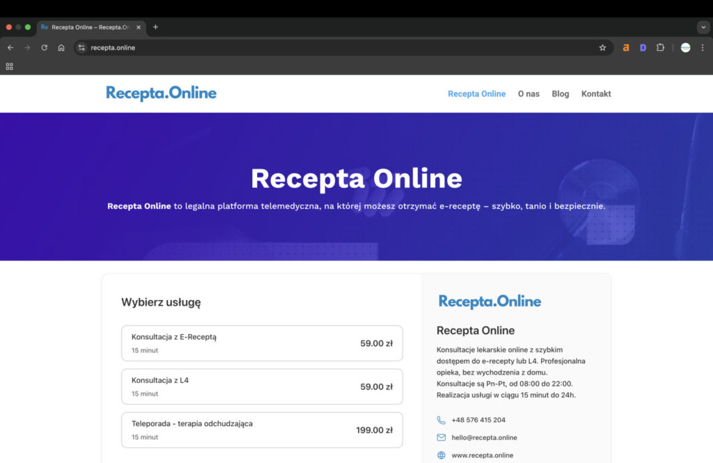 Interfejs Recepta.online z formularzem konsultacji - najlepsze strony na receptę online