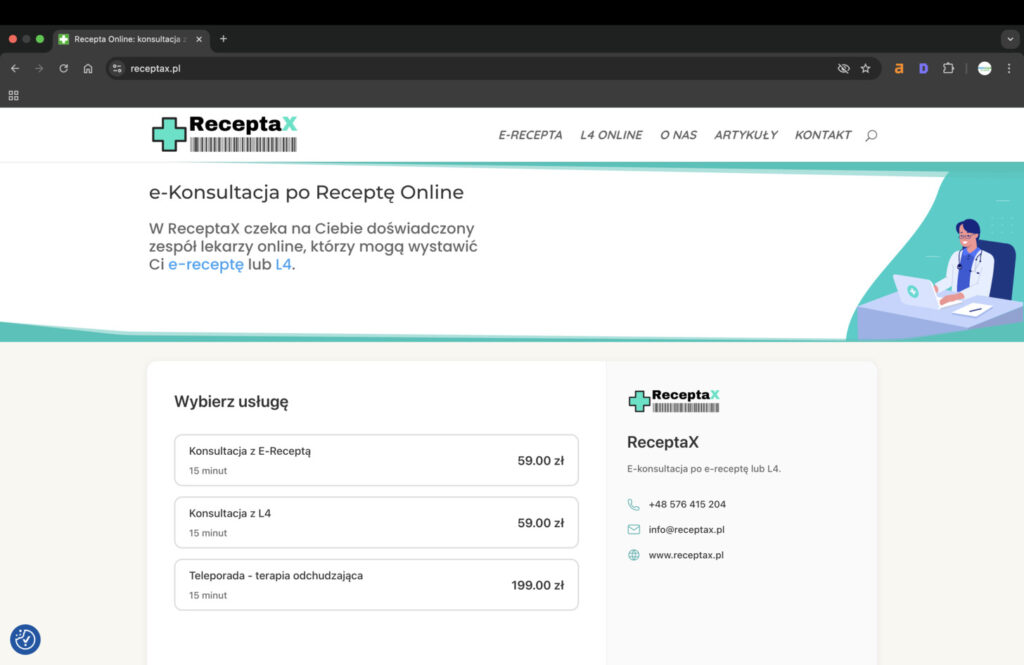 Interfejs platformy Receptax.pl - najlepsza strona po receptę online